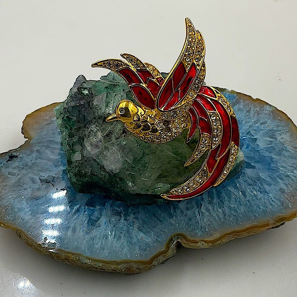 Vtg.SignedGiorgio,Stunning Bird Of Paradise GoldBroochPin W/Red CloisonnéEnamel - Picture 2 of 7